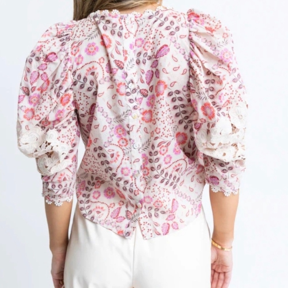 KARLIE NEVER WORN Floral Pink Lace Puff-Sleeve Blouse